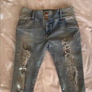 Lujuria Colombian Light Blue Distressed High Waist Skinny Jeans Rhinestones